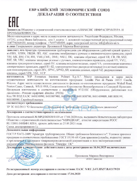 Декларация о соответствии на арматура FIP Durapipe до 16.04.2025 (клапаны)