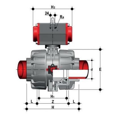 Фото Шаровой кран VKD ПВДФ c пневмоприводом ДвД с муфтовыми окончаниями d75 (DN65)