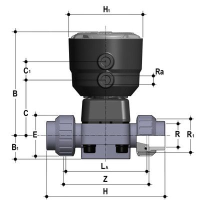 Фото Мембранный клапан DK с пневмоприводом НЗ, PN6 с муфтовыми окончаниями (уплотнение EPDM/мембрана EPDM) PP-H d20 (DN15)