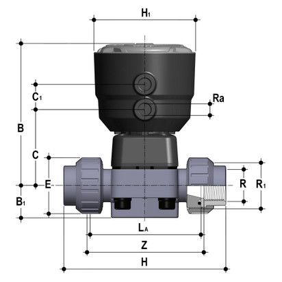 Фото Мембранный клапан DKB ХПВХ с пневмоприводом НЗ, PN6 с втулочными окончаниями R2" (DN50)
