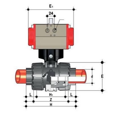 Фото Шаровой кран VKD c пневмоприводом НО с муфтовыми окончаниями (уплотнение FKM) PP-H d40 (DN32)