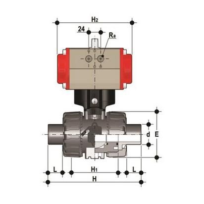 Фото Шаровой кран VKD c пневмоприводом ДвД с удлинёнными патрубками ПП (уплотнение EPDM) PP-H d32 (DN25)