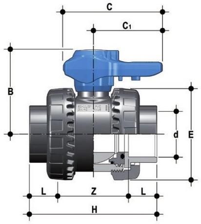 Фото Шаровой кран ПВХ общего применения VEE; муфтовые окончания, EPDM, FIP d32 (DN25)