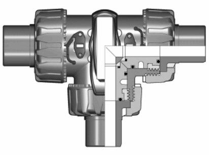 3-х ходовой шаровой кран ПВХ TKD с втулочными окончаниями, L-шар, EPDM, FIP d63 (DN50)