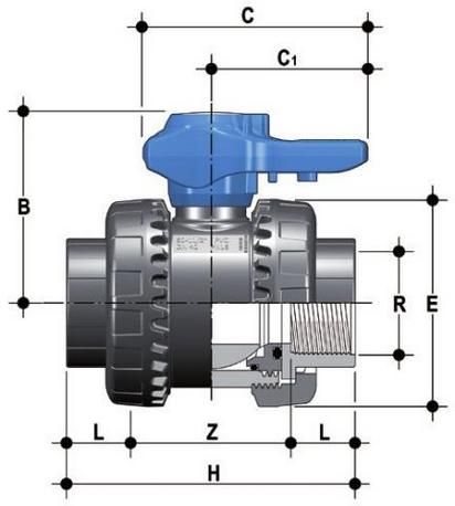 Фото Шаровой кран ПВХ общего применения VEE; резьбовые окончания, EPDM, FIP R3/4'' (DN20)