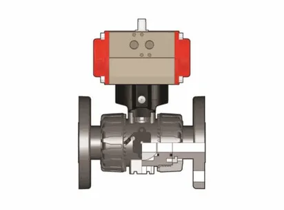 Шаровой кран VKD ПВДФ c пневмоприводом НЗ с фланцевыми окончаниями d20 (DN15)