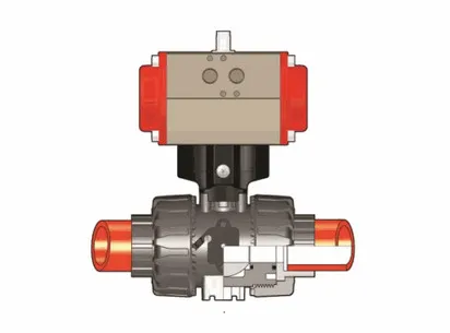 Шаровой кран VKD ПВДФ c пневмоприводом НЗ с муфтовыми окончаниями d20 (DN15)