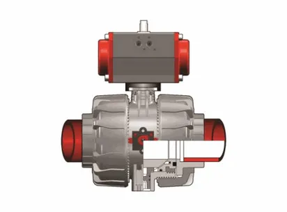 Шаровой кран VKD ПВДФ c пневмоприводом НО с муфтовыми окончаниями d90 (DN80)