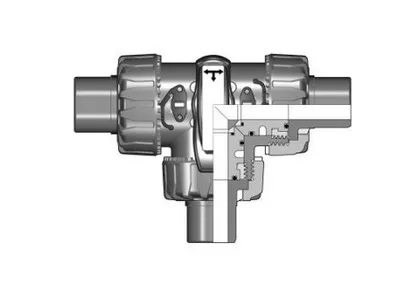 3-х ходовой шаровой кран TKD c втулочными окончаниями Т-шар (уплотнение FKM) PP-H d32 (DN25)