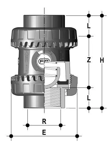 Фото Пружинный шаровой обратный клапан SSE ПВХ; с резьбовыми окончаниями, EPDM, FIP R2'' (DN50)