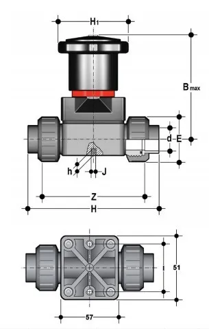 Фото Компактный мембранный клапан ПВХ с пневмоприводом, CM, EPDM, FIP R1/2'' (DN15)