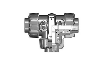 3-х ходовой шаровой кран TKD c резьбовыми окончаниями Т-шар (уплотнение FKM) PP-H R1'' (DN25)