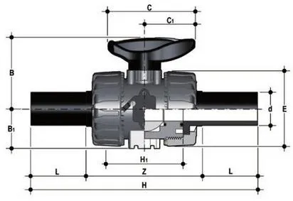 Фото Шаровой кран промышленного применения VKD с патрубками из ПЭ (CVDE) (уплотнение EPDM) PP-H d25 (DN20)