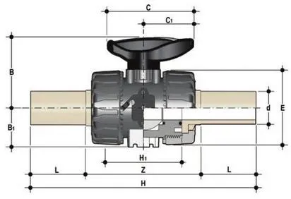 Фото Шаровой кран промышленного применения VKD с патрубками (CVDM) (уплотнение EPDM) PP-H d25 (DN20)