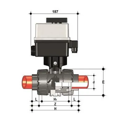 Фото Шаровой кран для регулирования потока VKR ПВДФ с эл.приводом 24V AC 12VDC, муфтовые окончания d40 (DN32)
