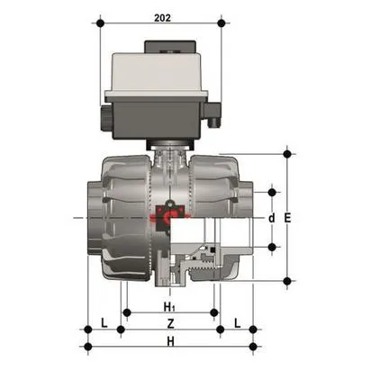 Фото Шаровой кран VKD ПВХ с эл.приводом 24V AC/DC, муфтовые окончания, EPDM, FIP d90 (DN80)