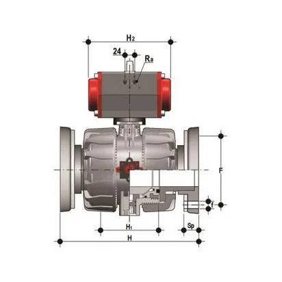 Фото Шаровой кран VKD ПВХ c пневмоприводом НЗ с фланцевыми окончаниями, EPDM, FIP d75 (DN65)