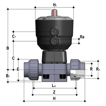 Фото Мембранный клапан ПВХ с пневмоприводом, PN10, DK, EPDM, FIP R1 1/2'' (DN40)