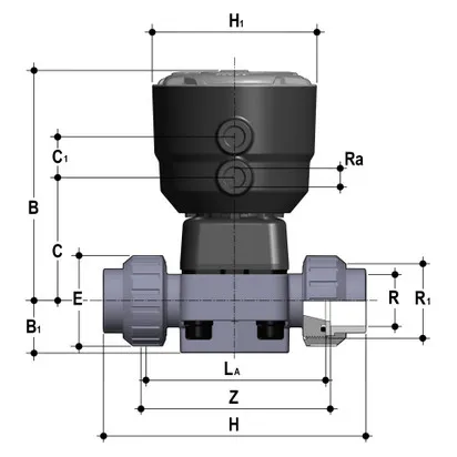 Фото Мембранный клапан DK ПВХ с пневмоприводом НЗ, PN6, муфтовые окончания, EPDM, FIP d32 (DN25)