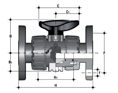 Фото Шаровой кран промышленного применения VKD ХПВХ с фланцевыми окончаниями d20 (DN15)