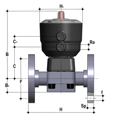 Фото Мембранный клапан DK ПВХ с пневмоприводом, PN10, фланцевые окончания, EPDM, FIP d25 (DN20)