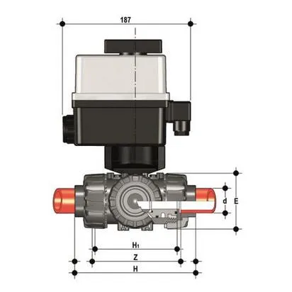 Фото 3-х ходовой шаровой кран TKD с эл.приводом 24V AC/DC, муфтовые окончания, T-шар (уплотнение FKM) PP-H d63 (DN50)
