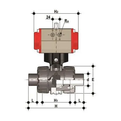 Фото Шаровой кран VKD ПВХ c пневмоприводом ДвД с втулочными окончаниями, EPDM, FIP d50 (DN40)