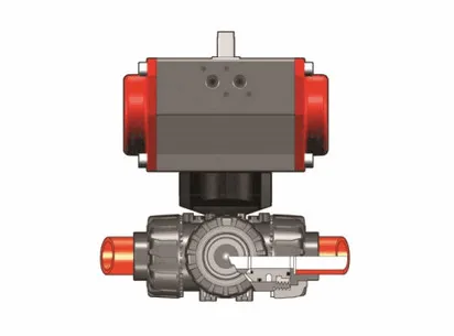 З-х ходовой шаровой кран TKD с пневмоприводом  с муфтовыми окончаниями, Т-шар (уплотнение FKM) PP-H d40 (DN32)