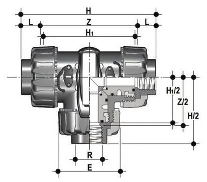 Фото 3-х ходовой шаровой кран TKD ХПВХ с резьбовыми окончаниями, L-шар R1¼" (DN32)