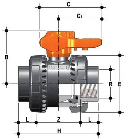 Фото Шаровой кран общего применения VXE ХПВХ с резьбовыми окончаниями R1½" (DN32)