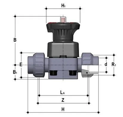 Фото Мембранный клапан DKUIV ПВХ с разборными муфтовыми окончаниями, PTFE, FIP d25 (DN20)