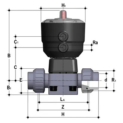 Фото Мембранный клапан DK ПВХ с пневмоприводом НЗ, PN10, муфтовые окончания, EPDM, FIP d63 (DN50)