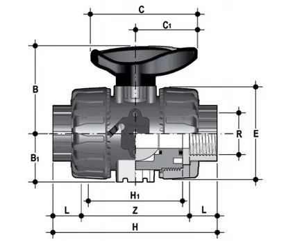 Фото Шаровой кран ПВХ промышленного применения VKD с резьбовыми окончаниями, EPDM, FIP R1½'' (DN40)