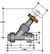 Фото Угловой вентиль VVUIV ПВХ с разборными муфтовыми окончаниями, EPDM, FIP d63 (DN50)