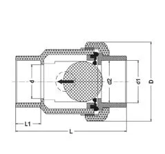 Фото Обратный клапан шаровой с одним разборным соединением, муфтовые окончания PP-H IPS d90 (DN80)