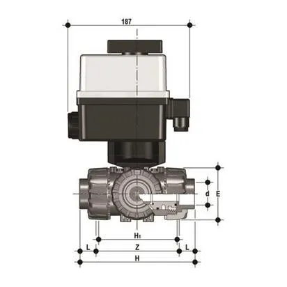 Фото 3-х ходовой шаровой кран TKD ХПВХ с эл.приводом 90-240V, муфтовые окончания, L-шар d16 (DN10)