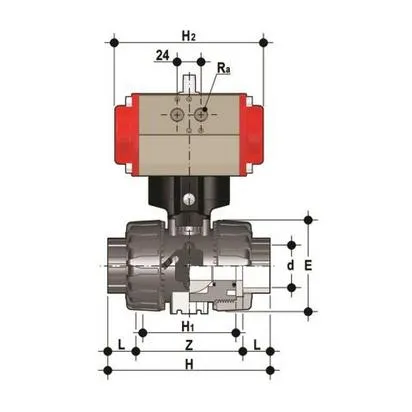 Фото Шаровой кран VKD ПВХ c пневмоприводом НЗ с муфтовыми окончаниями, EPDM, FIP d25 (DN20)