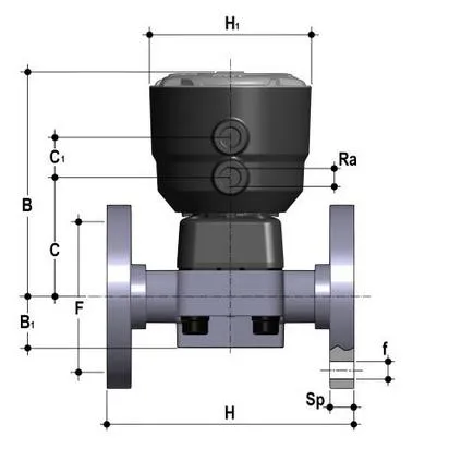Фото Мембранный клапан DK с пневмоприводом НЗ, PN6 с фланцевыми окончаниями (уплотнение EPDM/мембрана EPDM) PP-H d20 (DN15)