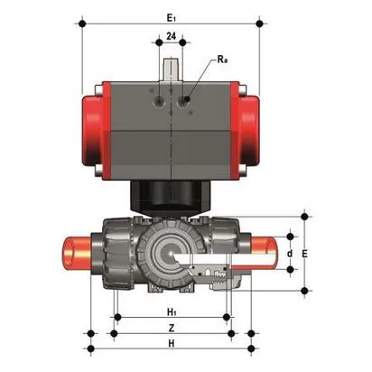 Фото З-х ходовой шаровой кран TKD с пневмоприводом  с муфтовыми окончаниями, L-шар (уплотнение FKM) PP-H d63 (DN50)