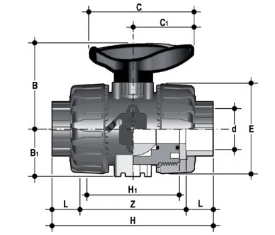 Фото Шаровой кран промышленного применения VKD/SHX ХПВХ с муфтовыми окончаниями d63 (DN50)