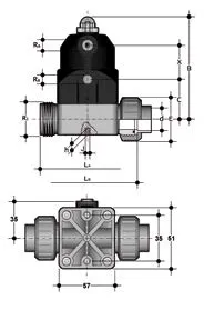 Компактный мембранный клапан CM с пневмоприводом ДвД с муфтовыми окончаниями (уплотнение EPDM/мембрана EPDM) PP-H d20 (DN15)