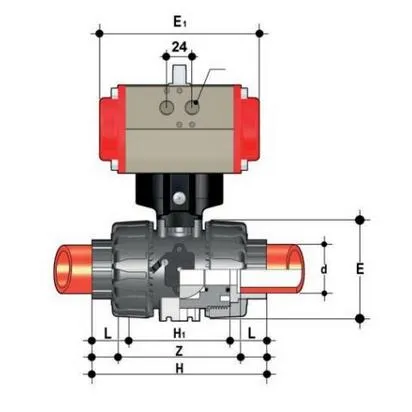 Фото Шаровой кран VKD c пневмоприводом НО с муфтовыми окончаниями (уплотнение EPDM) PP-H d16 (DN10)