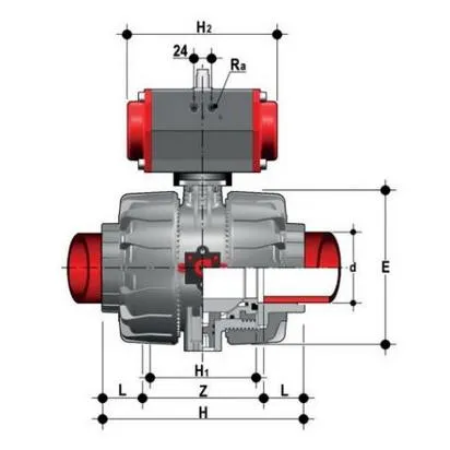 Фото Шаровой кран VKD ПВДФ c пневмоприводом НО с муфтовыми окончаниями d75 (DN65)