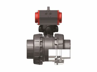Шаровой кран общего применения VXE ХПВХ с пневмоприводом двойного действия ДвД с муфтовыми окончаниями d110 (DN90)