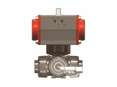 Фотография 3-х ходовой шаровой кран TKD ПВХ с пневмоприводом, L-шар, FIP d32 (DN25)