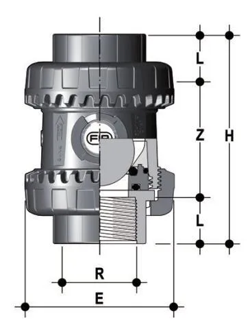 Фото Шаровой обратный клапан SXEFV ПВХ; с резьбовыми окончаниям, EPDM, FIP R1/2'' (DN15)