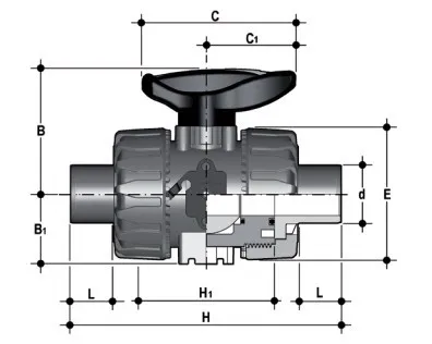 Фото Шаровой кран промышленного применения VKD ХПВХ со втулочными окончаниями d50 (DN40)
