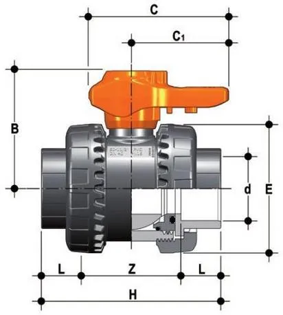 Фото Шаровой кран общего применения VXE ХПВХ с муфтовыми окончаниями d63 (DN50)