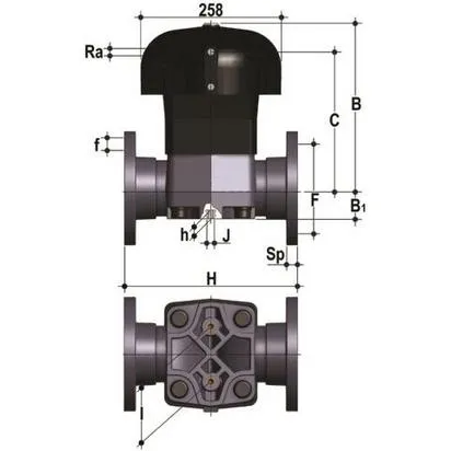 Фото Мембранный клапан VM с пневмоприводом НО, PN10 с фланцевыми окончаниями (уплотнение FKM/мембрана FKM) PP-H d110 (DN100)