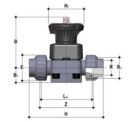 Фото Мембранный клапан DKUFV ПВХ с резьбовыми окончаниями, FKM, FIP R1/2'' (DN15)